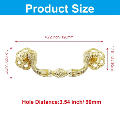 Product size details of Gold Drop Bail Drawer Pulls 4 Pack 120mm Cabinet Handles with 90mm center to center hole spacing.
