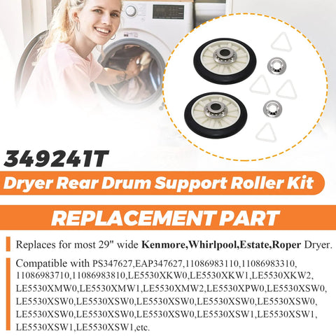349241T Beaquicy dryer rear drum support roller kit; includes two white rollers with black rims, tri-rings and washers.