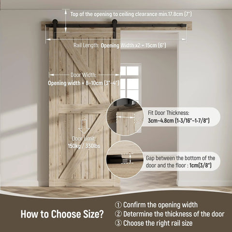5.5Ft Single Sliding Barn Door Hardware Kit In Black Carbon Steel With Flat Track System, wooden door dimensions and specs