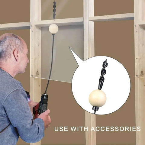 Flexible Drill Bit For Wire Pulling With Guide Ball Kit Three Quarters Inch Head Diameter Auger Style Self Feeding Tip Fifty Four Inch Long Wood Drill Bit For Fish Bit For Pulling Wires In Walls One Quarter Inch Shank being used on a wooden structure