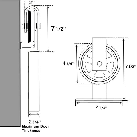 Diagram of Black Rustic Non-Bypass Sliding Barn Door Hardware Kit For Two Doors With 16Ft Long Flat Track dimensions and components.