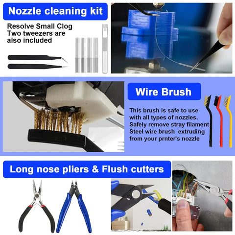 135 Piece 3D Printer Tools And Accessories Kit With Tool Box Includes Nozzle Cleaning Kit Electric Polishing Deburring Sanding Pens Tweezers Pliers Electric Screwdriver Ruler And More For Makers And 3D Printing Enthusiasts shown with nozzle cleaning tools, wire brushes, and pliers.