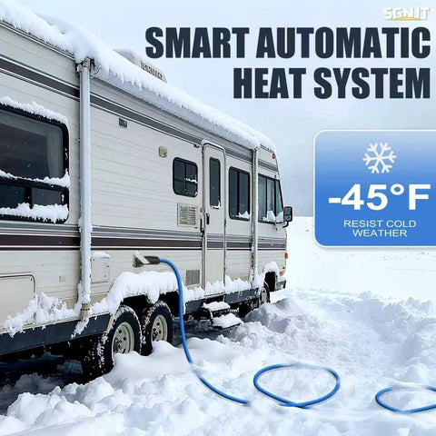 SGNJT 50 ft heated RV water hose with thermostat, blue, 1/2 inch ID, self-regulating, connected to an RV in snow.