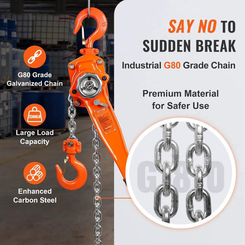1.5 Ton Manual Lever Chain Hoist With Double-Pawl Brake 10 Ft Lift, orange body, G80 chain, warehouse background