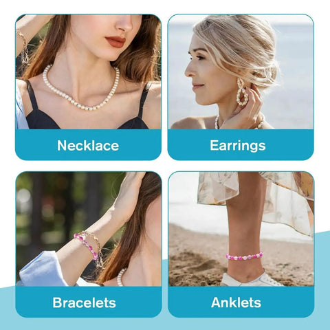 Woman wearing necklace, earrings, bracelets, and anklets in different settings.