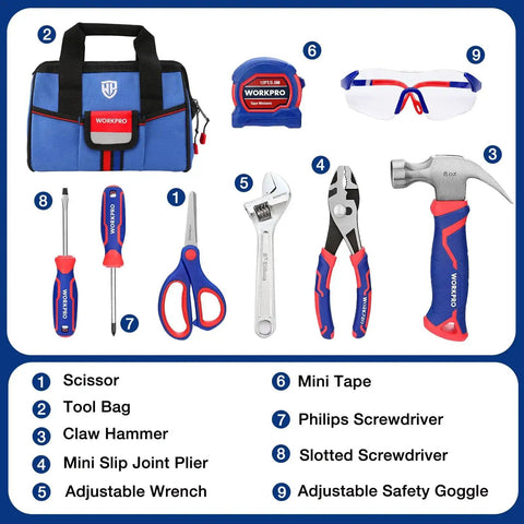 9 Piece Kid Friendly Real Hand Tool Set For Boys And Girls Blue Junior Tool Kit With Storage Bag Safe Beginner DIY Woodworking And Building Essentials For Ages 8 And Up displayed with tools and bag