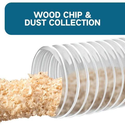 Pro Grade Clear PVC Dust Collection Hose Two And A Half Inch By Twenty Foot For Workshop And Woodworking Dust Collection Systems Grounded At Both Ends For Safe Electrostatic Discharge Heavy Duty Coil To Minimize Kinking showcasing wood chips inside