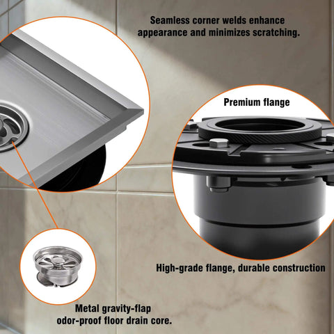 Close-up of 6 inch square shower drain with flange kit, 1.2mm SUS304 stainless steel, showcasing seamless weld design and flange components.