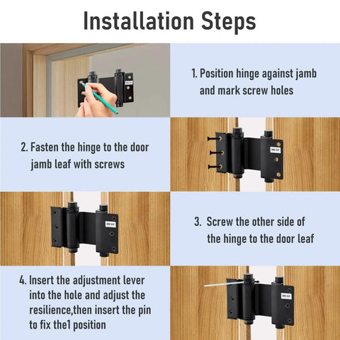 Installation steps for 3 Inch Double Action Self Closing Door Hinge Set For Saloon Bar Pub Doors Matte Black 2 Pack Heavy Duty Steel Construction Includes Screws Rust Resistant For Three Quarter Inch Doors By Home Master Hardware