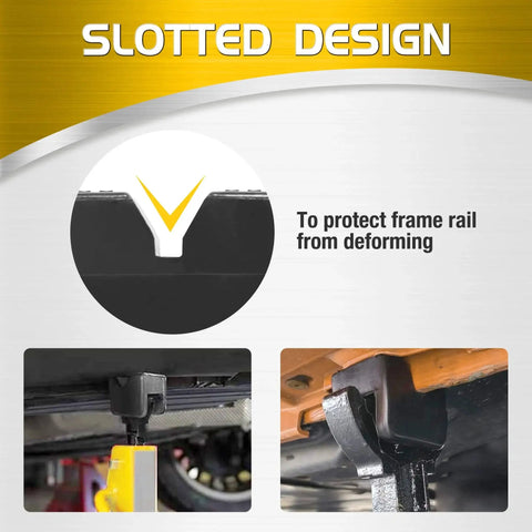 Universal Rubber Jack Pad Adapters For Rail Pinch Welds Anti Slip 2 Pack shown installed on vehicle lift points