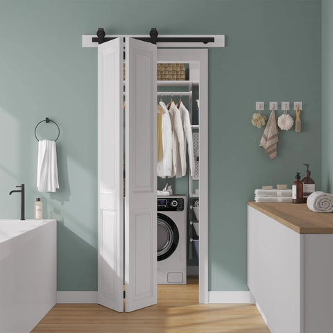 40 Inch Bifold Sliding Barn Door Hardware Kit For Double 18 Inch Doors installed in laundry room with white doors