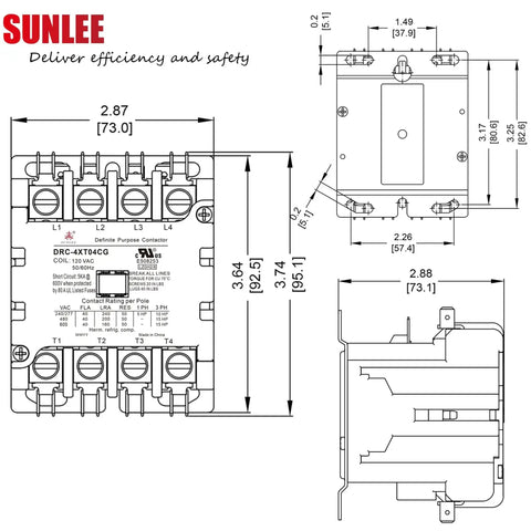 Technical diagram of 4 Pole 40 Amp 120V Coil Contactor for HVAC and Refrigeration Systems, showing dimensions and wiring layout.
