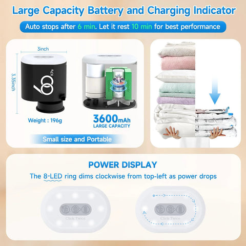 Cordless electric pump for vacuum storage bags, Amazon brand, black, 3600mAh battery with LED power display.