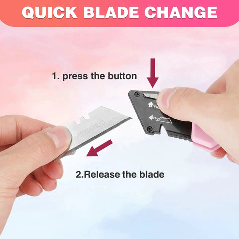 Demonstration of quick blade change on Folding Utility Knife With Quick Change Pink Handle And 10 Extra Blades.