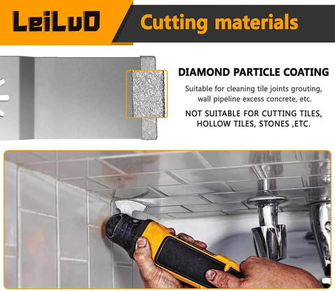 Person using Pro Grade Diamond Oscillating Multi Tool Blades Kit For Grout Removal Six Piece Set With Universal Fit For DeWalt Milwaukee Makita Ryobi And More Ideal For Ceramic Tile Grout Lines Tight Corners And Fine Detail Work on tile grout line in bathroom.