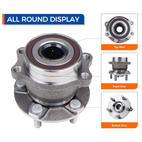 Rear Wheel Bearing And Hub Assembly For 2016 To 2020 Subaru Crosstrek, 2014 To 2018 Forester, 2012 To 2019 Impreza, And 2013 To 2015 XV Crosstrek 5 Lug 512518 Replacement Hub Bearing Kit With Easy Install And No Fuss Durability shown in top, front, and bottom views