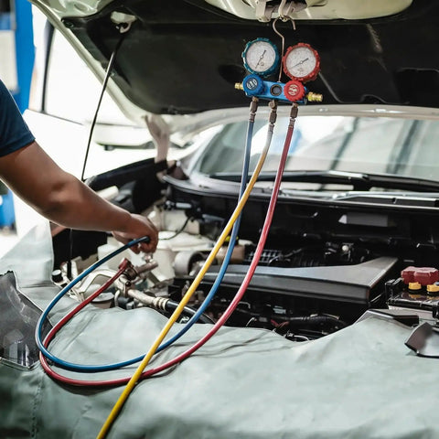 PATIKIL pneumatic tubing set for air lines blue, red and yellow hoses with a gauge manifold under a car hood