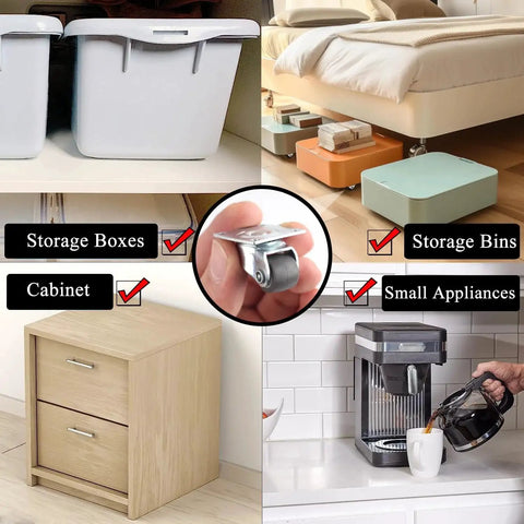 Various uses of 0.5 Inch Mini Swivel Caster Wheels With Self Adhesive Plate Low Profile Rubber Casters, including storage boxes and appliances.