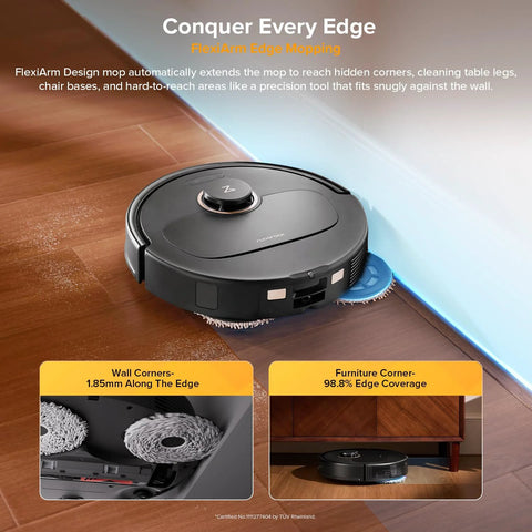 roborock Qrevo S5V robot vacuum and mop, dark gray with blue edge mop pad, cleaning along the wall