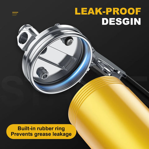 Fantictas grease gun head with built-in rubber ring for leak-proof design, chrome finish and gold grease cartridge.