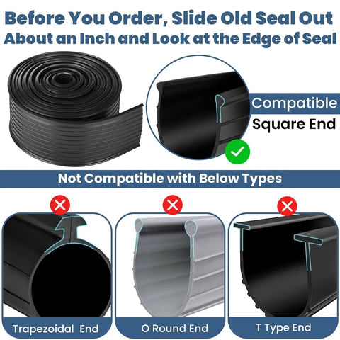 Diagram showing 16Ft Replacement Garage Door Bottom Seal Vinyl Weather Stripping for Wayne Dalton 8000 and 9000 Series compatibility with square end.