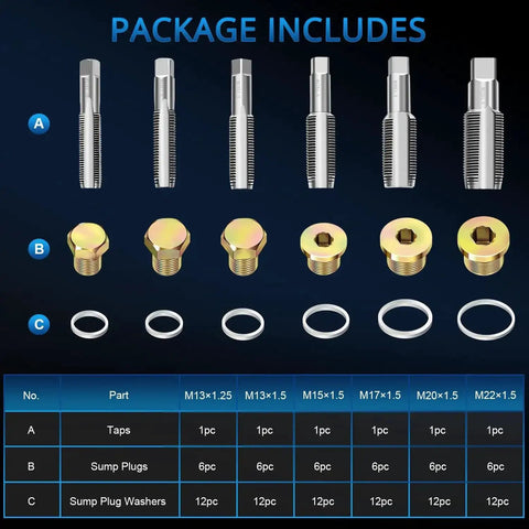 Pro Grade Oil Pan Drain Plug Thread Repair Kit 114 Piece Universal Set with taps, plugs, and washers displayed.