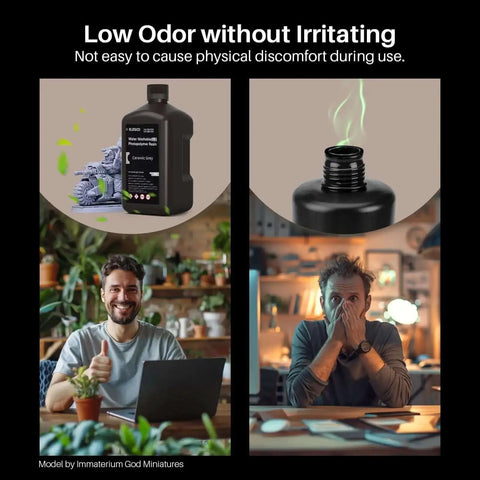 Collage highlighting Water Washable Resin 2.0 low odor use in home setting, focusing on ease and comfort during 3D printing process.