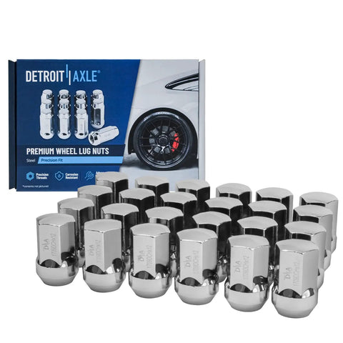 Front Wheel Bearing And Hub Kit For 2011 2020 Dodge Durango And 2011 2019 Jeep Grand Cherokee Includes Two Front Hub Assemblies And Twenty Four Chrome Lug Nuts Five Bolt Hubs Tone Ring ABS Compatible Easy Installation, showing packaged chrome lug nuts