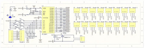 Diagram of 2 Pack PCA9685 16 Channel 12 Bit PWM Servo Controller Module With I2C Interface for Raspberry Pi and Arduino projects.