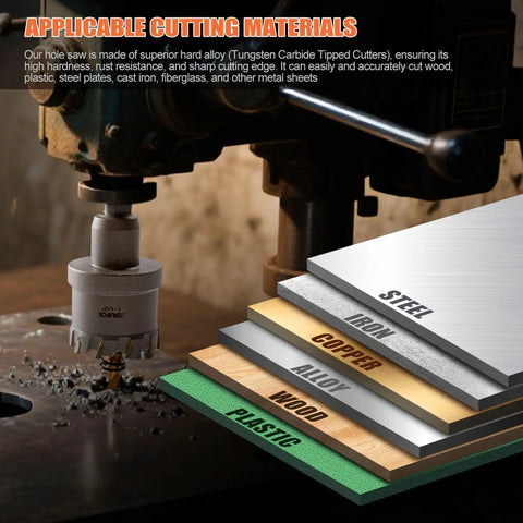 Carbide Hole Saw cutting through metal with display of applicable materials like steel, iron, copper, alloy, wood, and plastic.