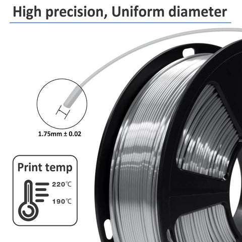 Silk Metallic Silver PLA Filament 1kg Spool 1.75mm Vacuum Pack For 3D Printing shown in close-up with diameter and print temperature details