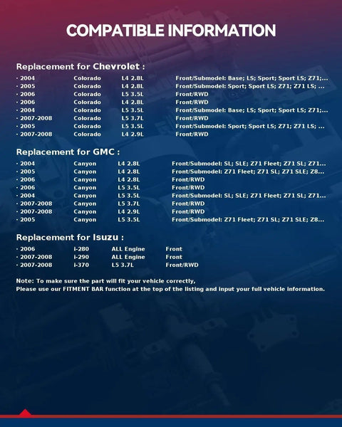 Compatibility guide for wheel bearing and hub assembly including Chevy Colorado, GMC Canyon, and Isuzu models 2004-2008