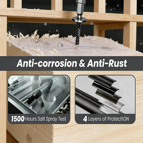 Self Tapping Structural Screws 14 By 6 Inch, 150 Pieces Carbon Steel Black Rustproof Deck Screws With T30 Star Drive Bit, No Pre Drilling Required shown with anti-corrosion features