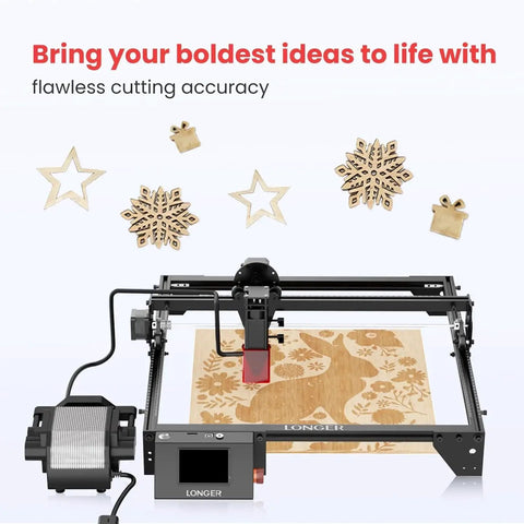 Laser engraver showcasing Pro Grade Longer Cut Engraver Air Assist Kit With Air Pump And Upgraded Switch Button for precise cutting.