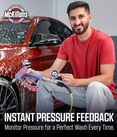 McKillans high pressure washer gauge with 3/8 in push-to-connect, stainless steel, PSI/MPa readout on spray gun