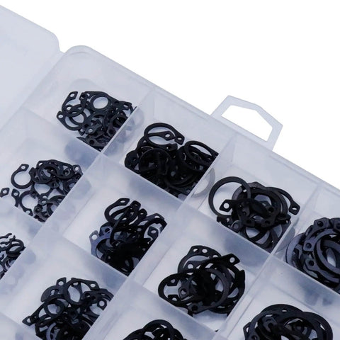 Pro Grade E Clip And C Clip Assortment Kit With 324 Pieces Of 304 Stainless Steel External Retaining Rings in plastic organizer.