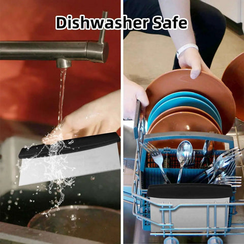 2 Pack 6 Inch Stainless Steel Bench Scrapers With Measuring Scale being washed and placed in dishwasher.