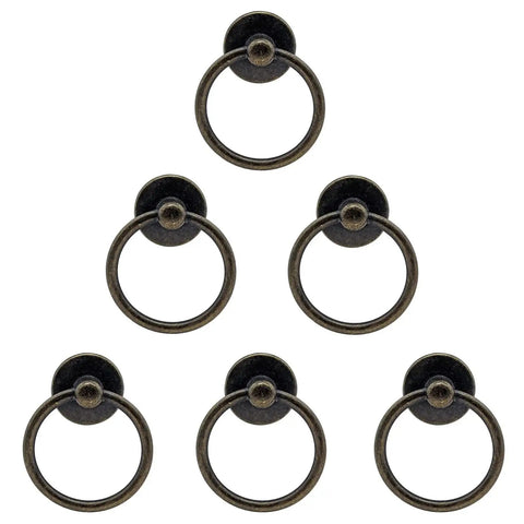 Six Pack Antique Bronze Ring Pull Handles For Dresser Drawers Cabinets And Cupboards, Vintage Metal Knob Pulls