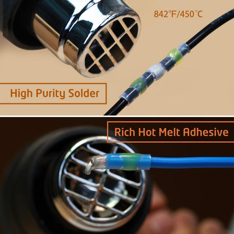 350-piece solder-seal butt connector kit with heat-shrink terminals for marine and automotive wiring, shown with connectors and blue wire.