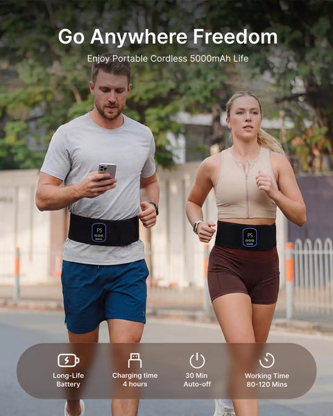 Two people jogging with Dope Cordless Heating Pad For Back Pain With 3 In 1 Red Light Therapy Belt, outdoors.