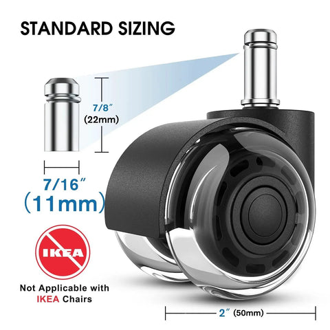 2 Inch Replacement Office Chair Caster Wheels With Soft Mute Rollers showing 11mm stem size and diameter compatibility guide