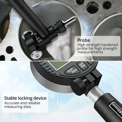 Digital Bore Gauge Kit Pro Grade 50 To 160 Millimeters 0.01 Millimeters Precision Internal Diameter Measuring Tool features close-up of probe and locking device