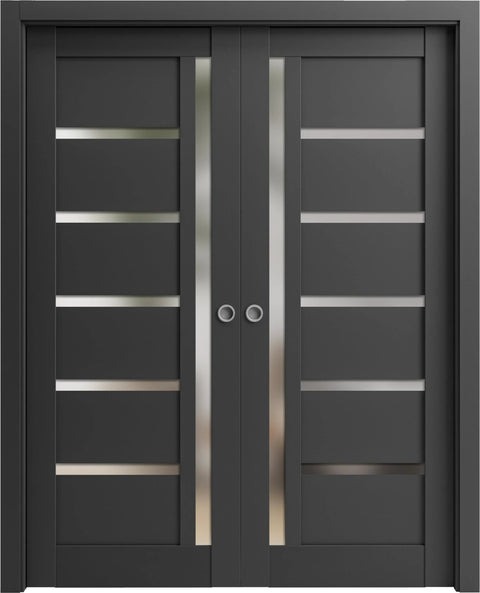 Quadro 4088 Interior French Double Pocket Doors With Frosted Glass In Black MDF 48x80 Modern Style Doors Include All Hardware