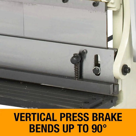 Close-up of 30-Inch Shear Brake Roll's vertical press brake, capable of 90 degree bends for metal fabrication.