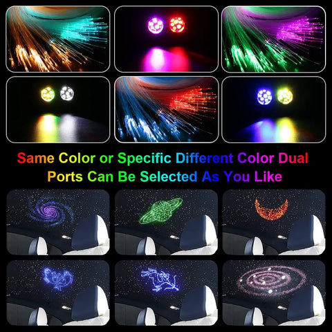 20W Dual Head Fiber Optic Lights Kit With RGBW Twinkle Heads, displaying star patterns inside a car headliner, various color options shown
