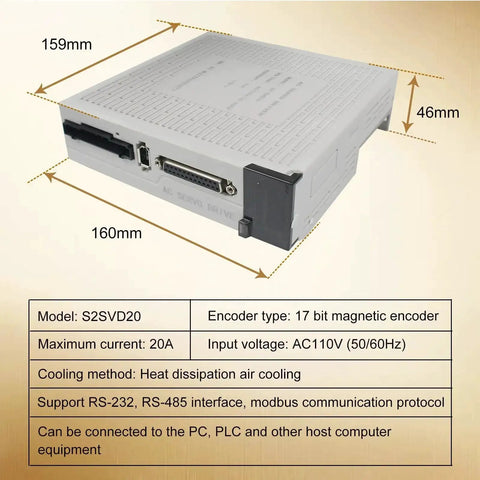 1000W 110V Servo Motor Kit With Driver CNC Controller, 17-bit encoder, RS-232, RS-485 interface, 159mm x 160mm x 46mm dimensions
