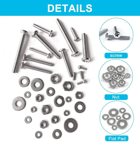 Top Notch 750 Piece Stainless Steel Fastener Set With Phillips Pan Head Screws Sizes 2-56 4-40 6-32 8-32, Plus Nuts And Flat Washers, 304 Stainless Steel Assortment Kit For Home Or Shop Projects.
