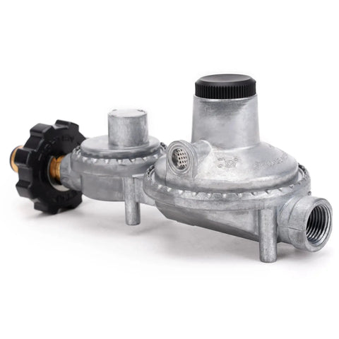Horizontal Two Stage Propane Regulator With POL Connection For RVs Vans Trailers Campers, 160000 BTU HR Output, solid brass construction