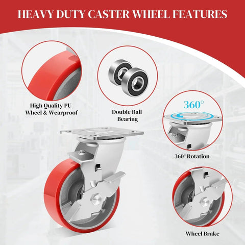 Image showing features of 5 Inch Industrial Casters With Low Noise Polyurethane Wheels On Steel Hubs Swivel Plate Caster Wheels Heavy Duty.