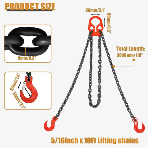 Front view of Noliven heavy-duty lifting chain with adjustable hooks, dual-leg, 5/16 in x 10 ft, 7000 lb capacity.